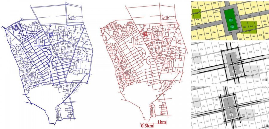 Fig 02. Street network in DRA was represented as two types of line segment: pedestrian lines or sidewalk lines and all movement lines or centre lines by using DepthmapX software (Turner, 2004) on Mapinfo platform.