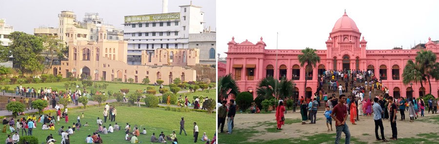 most popular destinations in old Dhaka with potential to become successful urban space— i. Labagh Fort, ii. Ahsan Manzil (image: collected )