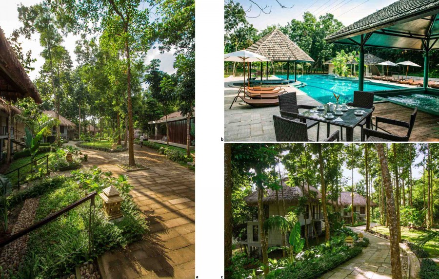 Details: [a] Tiled path leading to spa on the right and Bungalows to left. [b] Swimming pool. [c] Bungalows, characterized by deep overhangs. | Photo Courtesy : [a] & [c] Ahsanul Haque Rubel [b] Hasan Saifuddin Chandan 